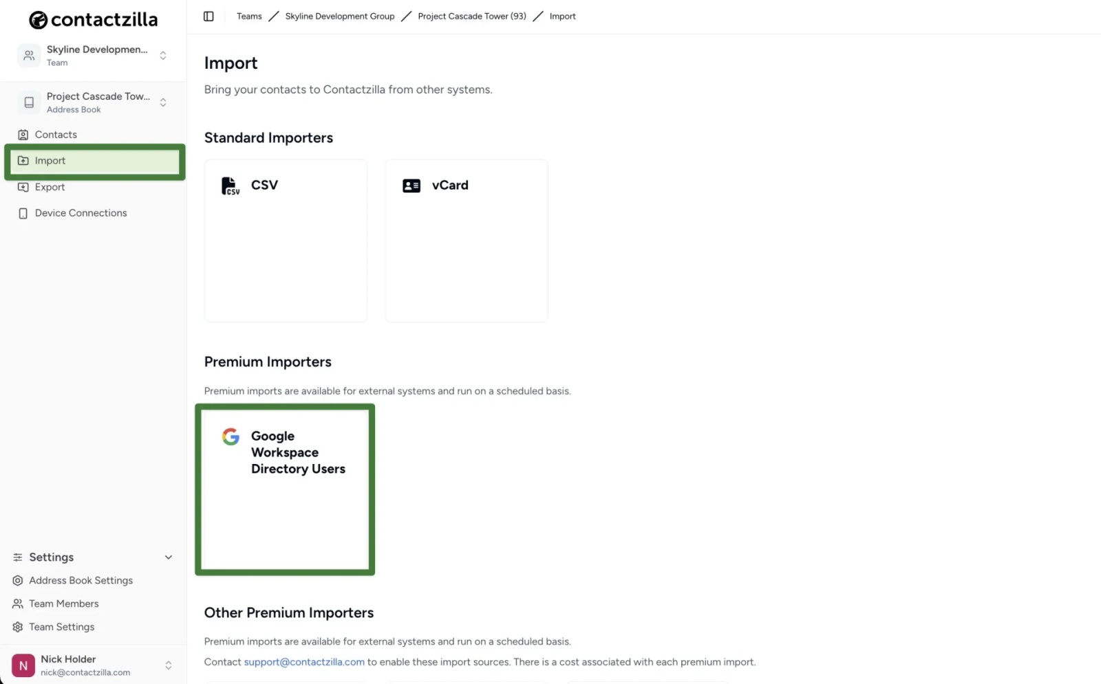 Contactzilla Import page displaying the Google Workspace Directory Users import option under Premium Importers.