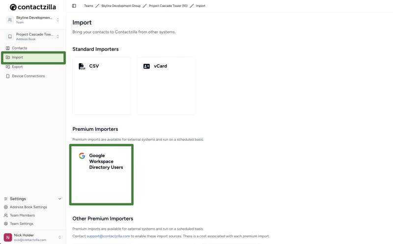 Contactzilla Import page displaying the Google Workspace Directory Users import option under Premium Importers.