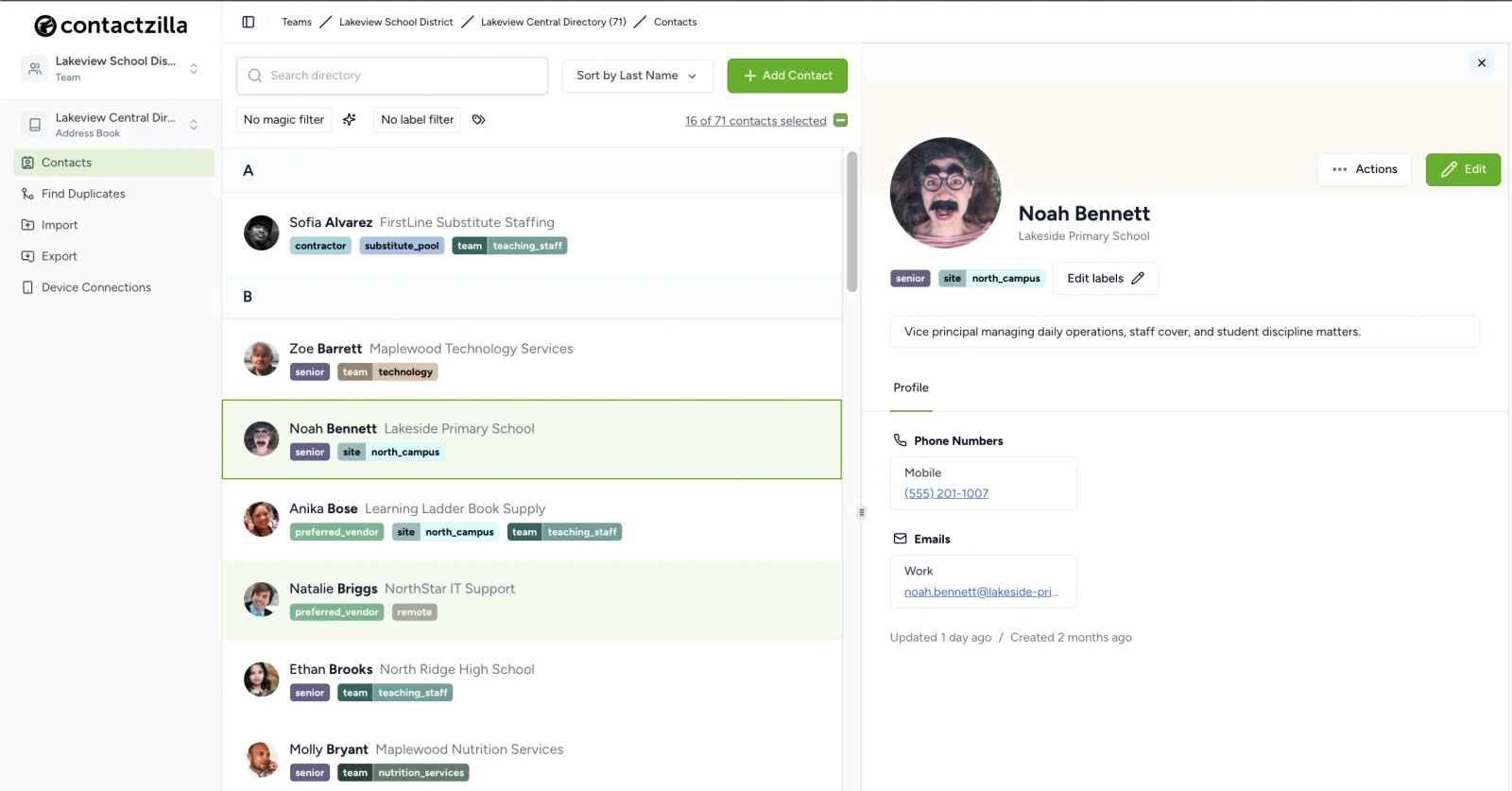 Contactzilla address book showing imported business contacts with labels ready for Workspace ONE deployment.