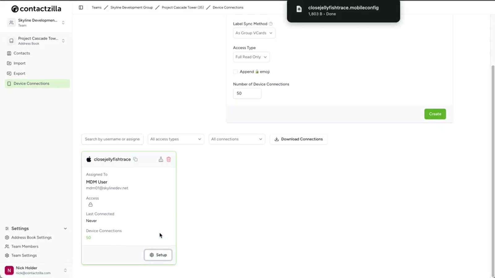 Contactzilla device connection setup screen with download button for the iOS mobileconfig file