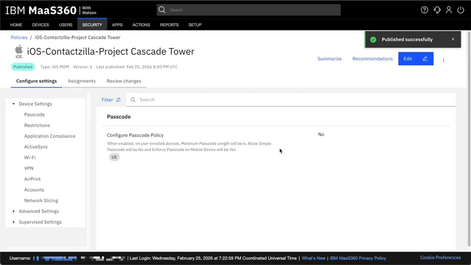 MaaS360 policy publish screen showing the publish button and the informational no-changes message
