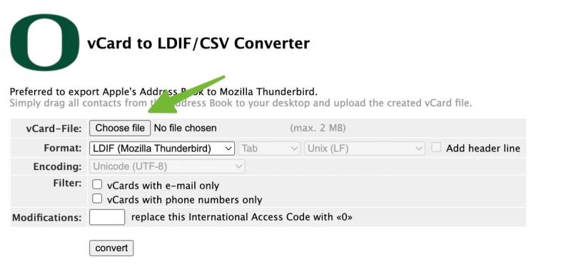 Selecting vCard option from Window's Import menu.