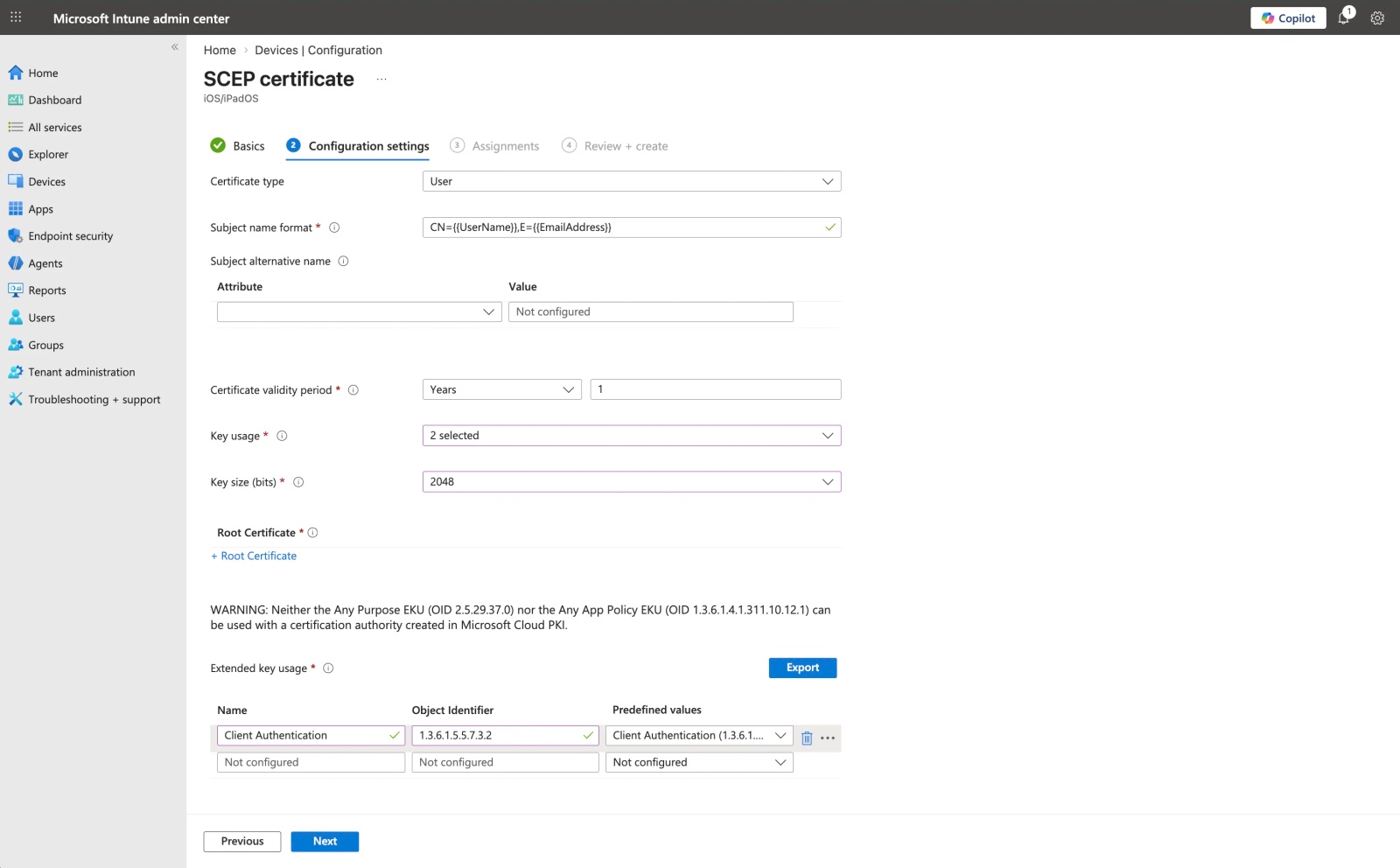 Microsoft Intune SCEP certificate configuration settings for iOS showing subject name format, key usage, key size, and client authentication setup.