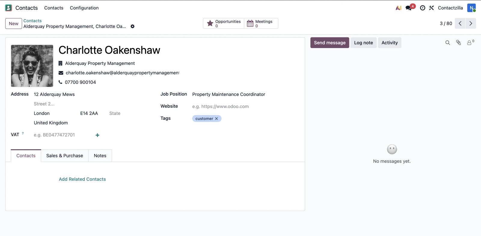 Odoo contact detail form for Charlotte Oakenshaw with her photo, address, job position and tags after clicking into a contact from the list.