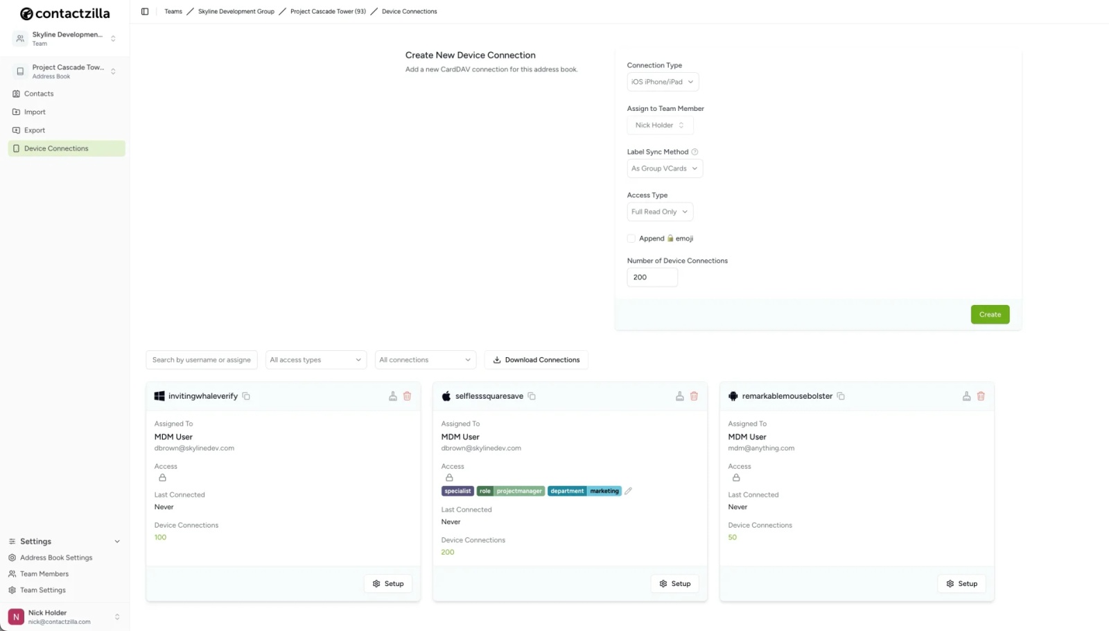 Set up device connections in Contactzilla to generate CardDAV or mobile configuration profiles for Google Workspace shared contacts.