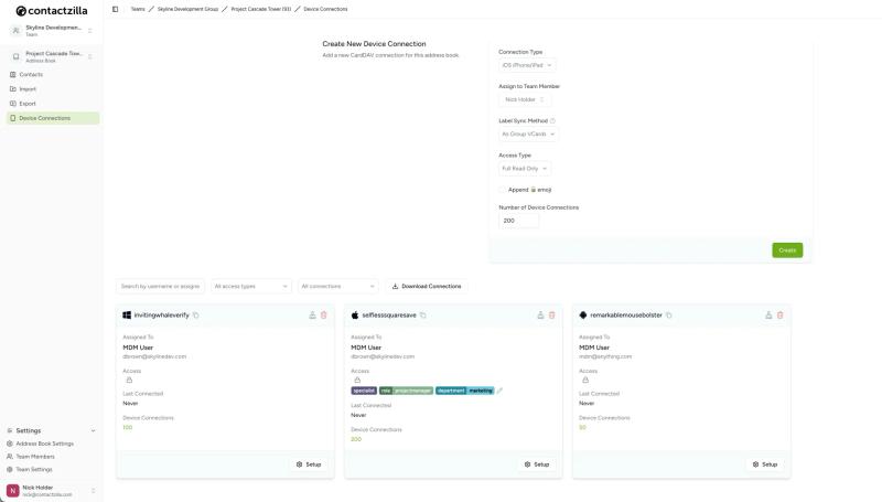 Set up device connections in Contactzilla to generate CardDAV or mobile configuration profiles for Google Workspace shared contacts.