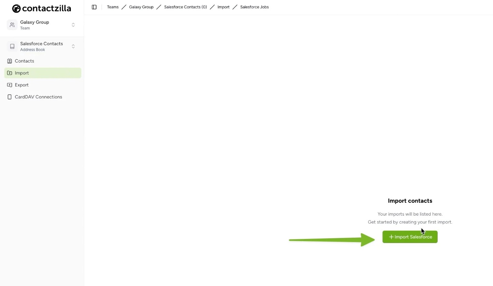 Begin Salesforce contact import in Contactzilla by clicking “Import Salesforce” button.