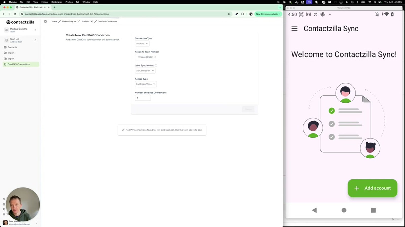 Connection creation form showing Android selected as the connection type with user assignment and access type fields