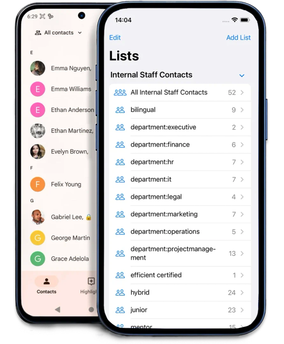 Android and iPhone displaying synced business contacts, including an Android contact directory and iPhone lists organised by department and working group.
