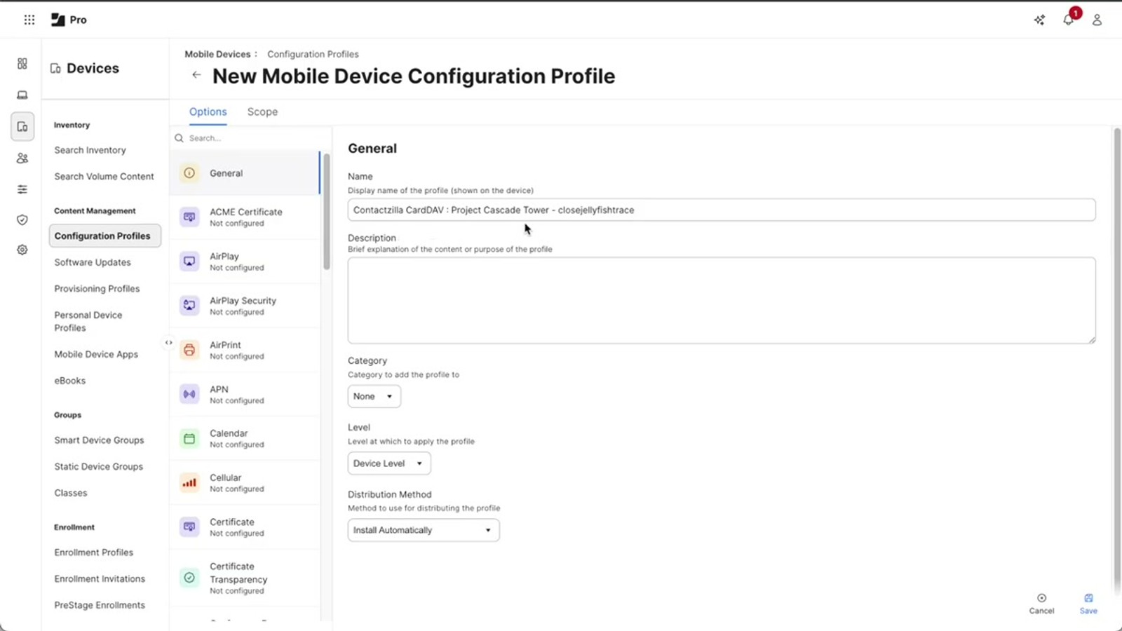 Jamf Pro configuration profile general tab showing the uploaded Contactzilla CardDAV profile with level and distribution method settings