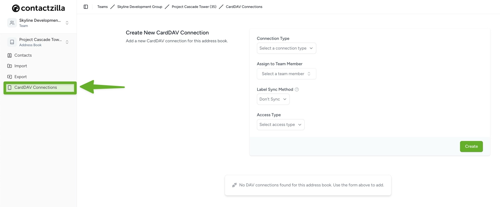 Selecting CardDAV connections menu in the Contactzilla dashboard