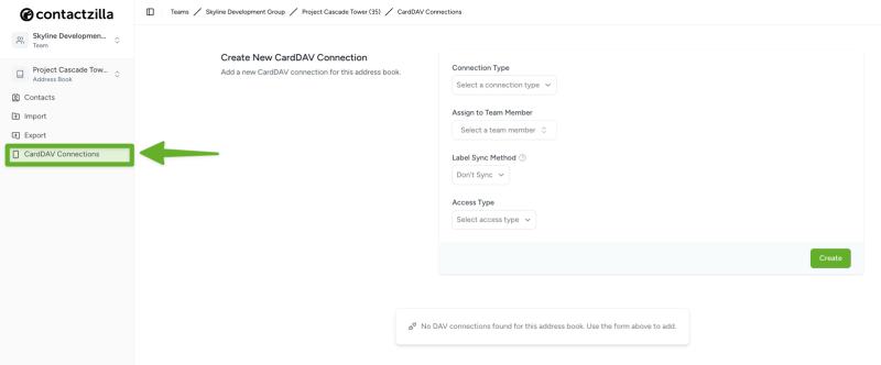 Selecting CardDAV connections menu in the Contactzilla dashboard