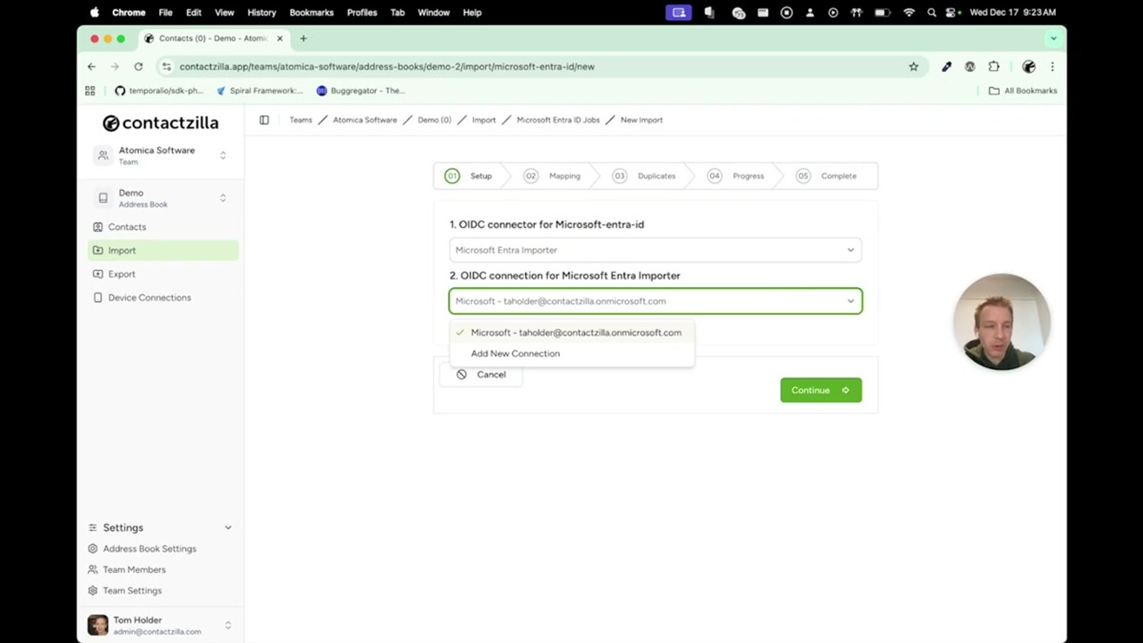 Contactzilla import screen showing the Microsoft Entra ID Premium Importer option