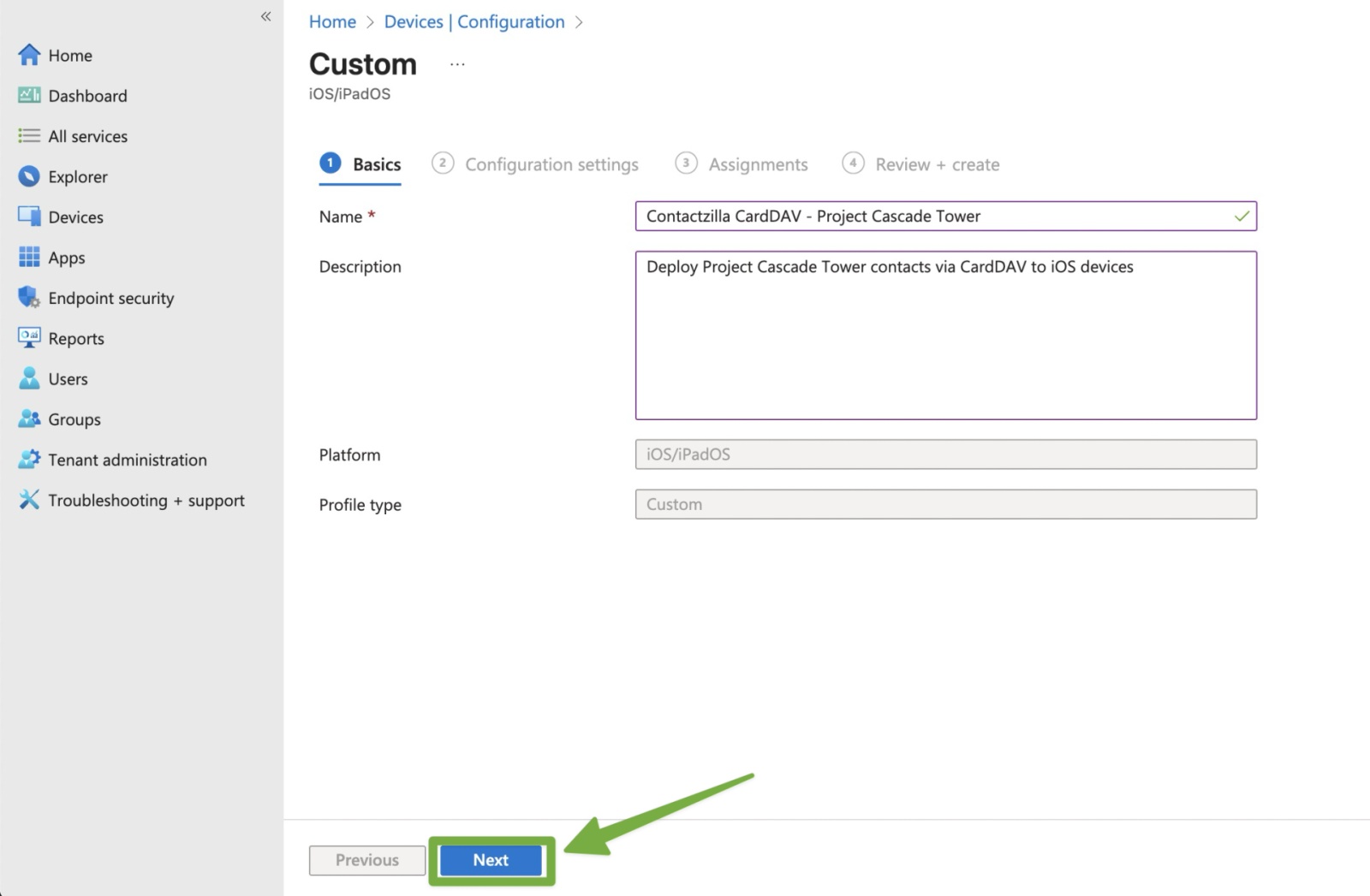 Microsoft Intune Basics tab showing how to configure a custom iOS policy with a descriptive name and description for deploying Contactzilla CardDAV contacts.