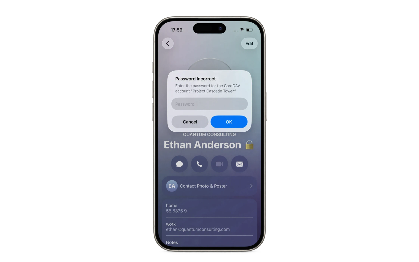 iPhone Contacts app showing a Password Incorrect prompt asking for the password for the CardDAV account Project Cascade Tower, over a read-only contact marked with a lock emoji.