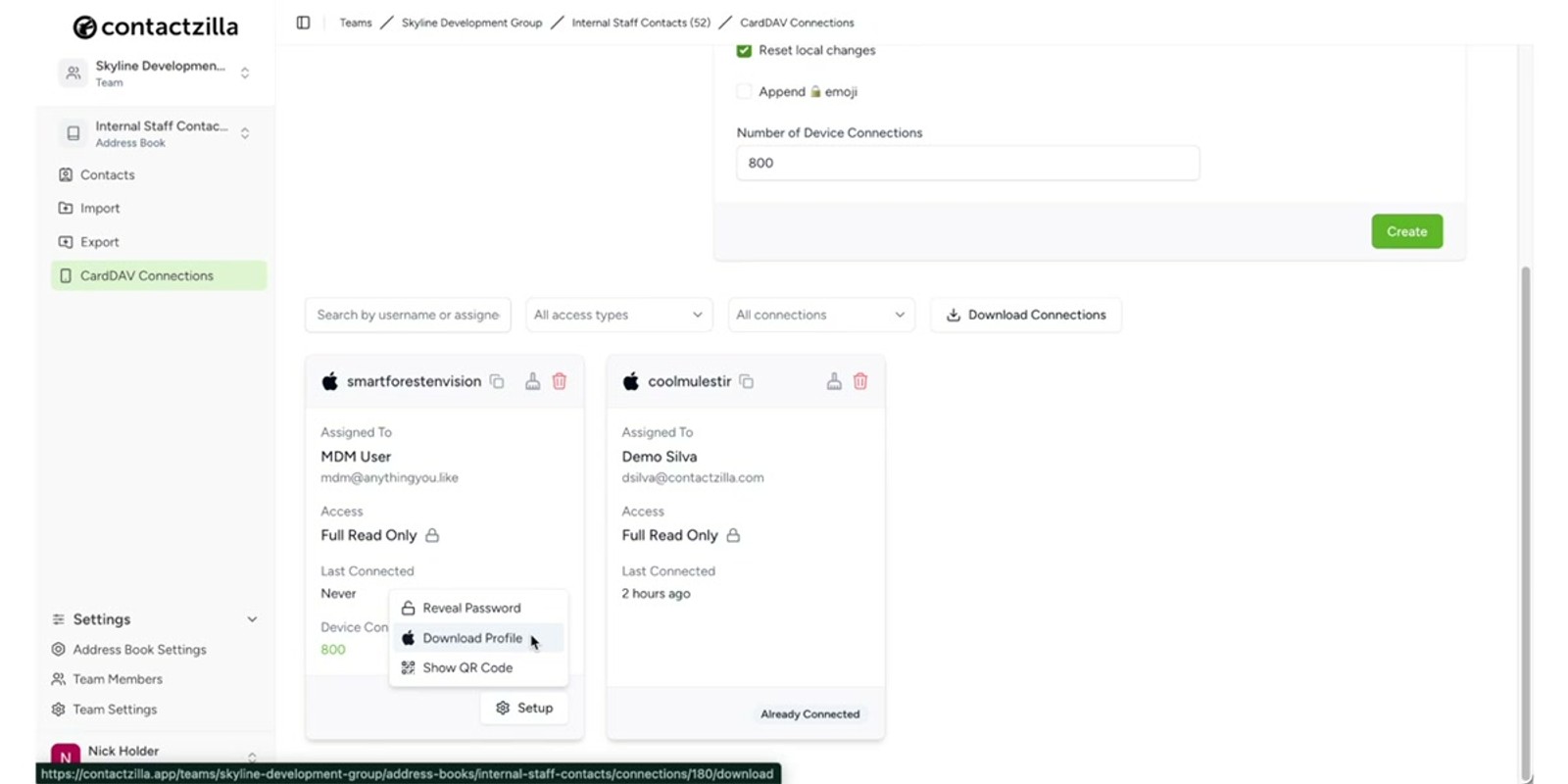 Contactzilla MDM deployment screen showing access type selection, device count field, and Create button for generating the deployment profile