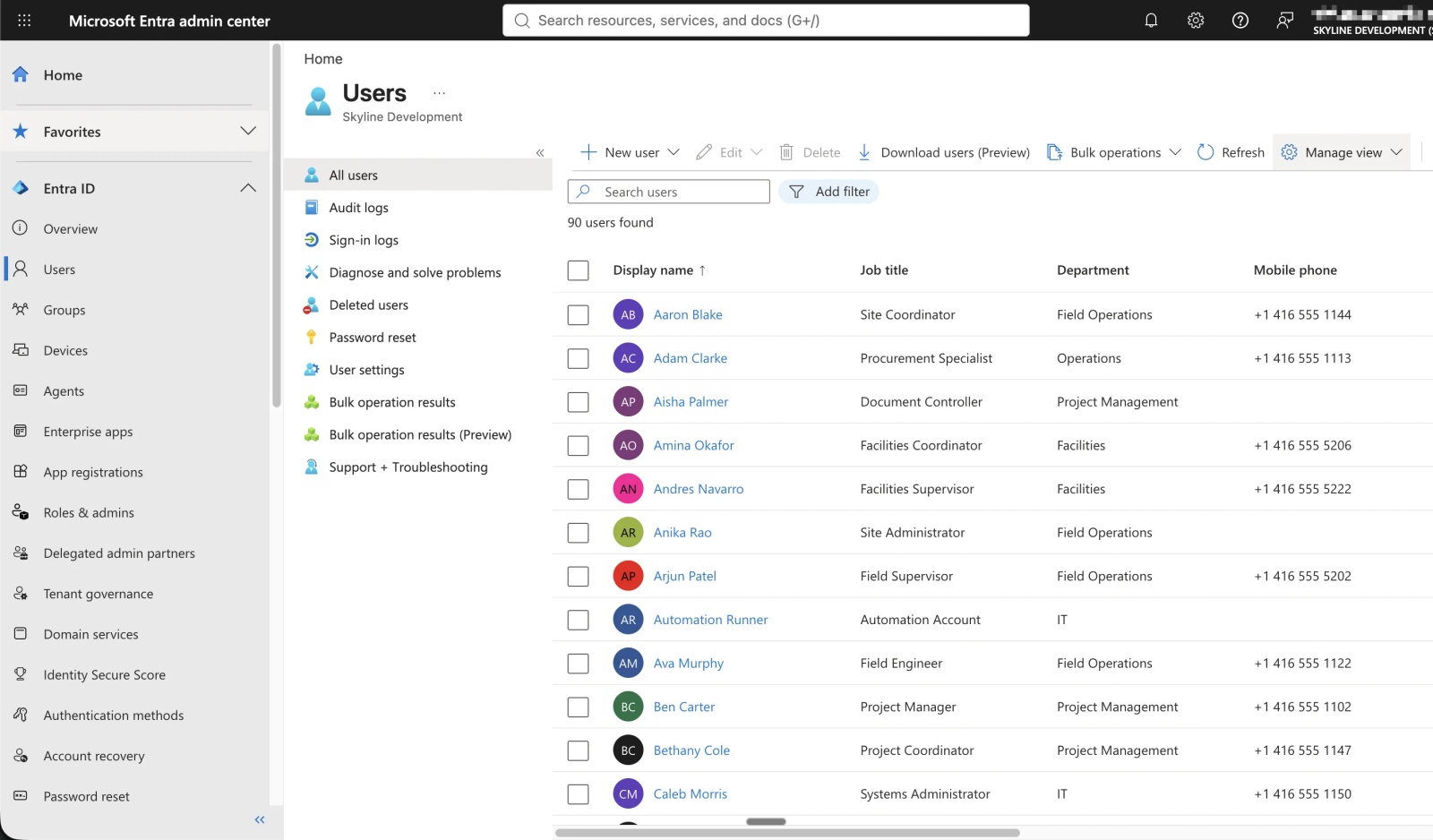 Microsoft Entra admin center All users list showing demo staff with job title, department and +1 416 555 mobile numbers.