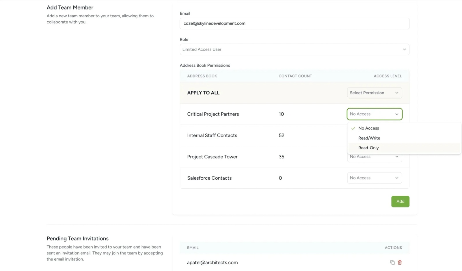 Screenshot of the Contactzilla dashboard’s ‘Add Team Member’ view, showing email entry, role selection, and address book permissions. A new member with limited access can be assigned read-write, read-only, or no access to specific address books like ‘Critical Project Partners’ and ‘Internal Staff Contacts.