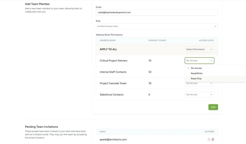 Contactzilla dashboard showing multiple address books for different teams and projects, including staff contacts, project partners, and Salesforce imports.
