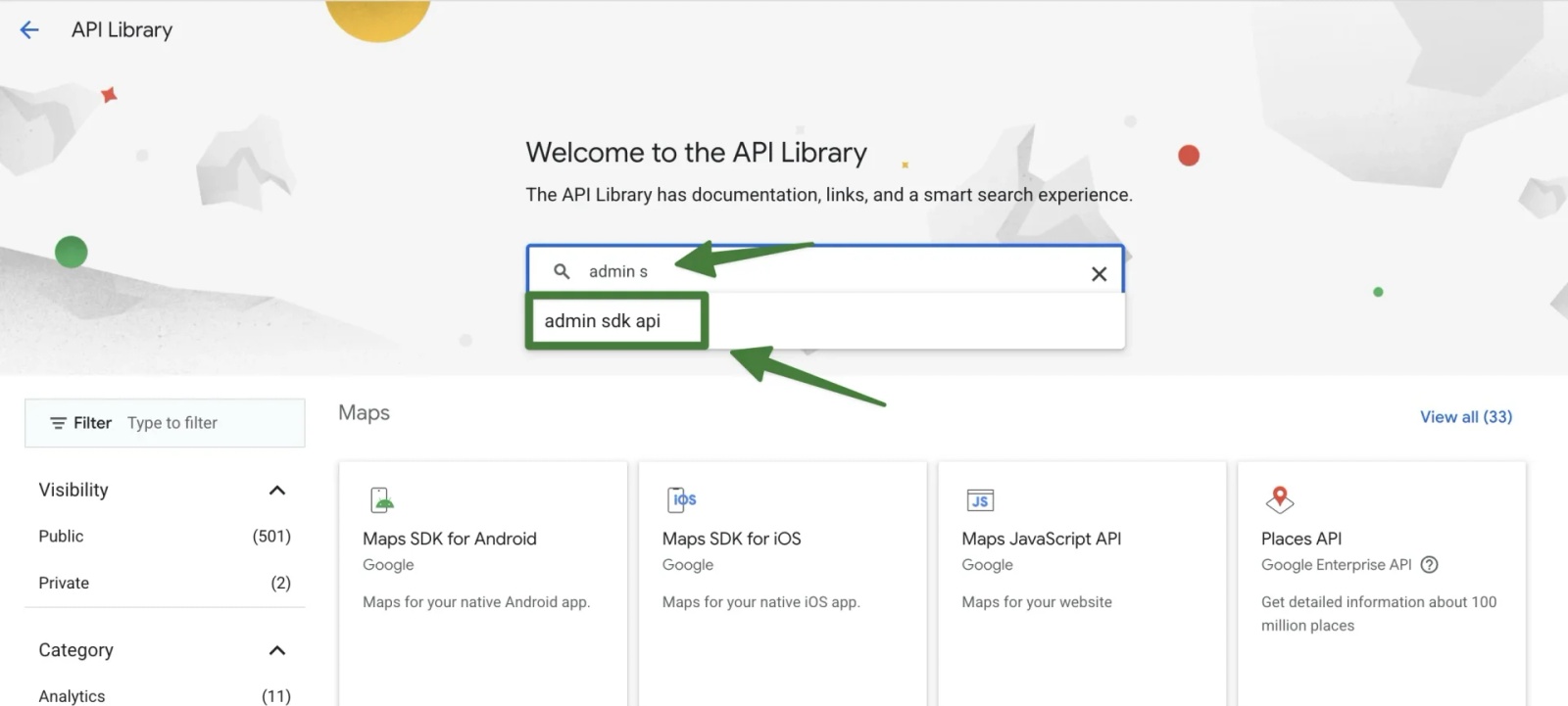 Google API Library search results showing the Admin SDK API selected from the list.