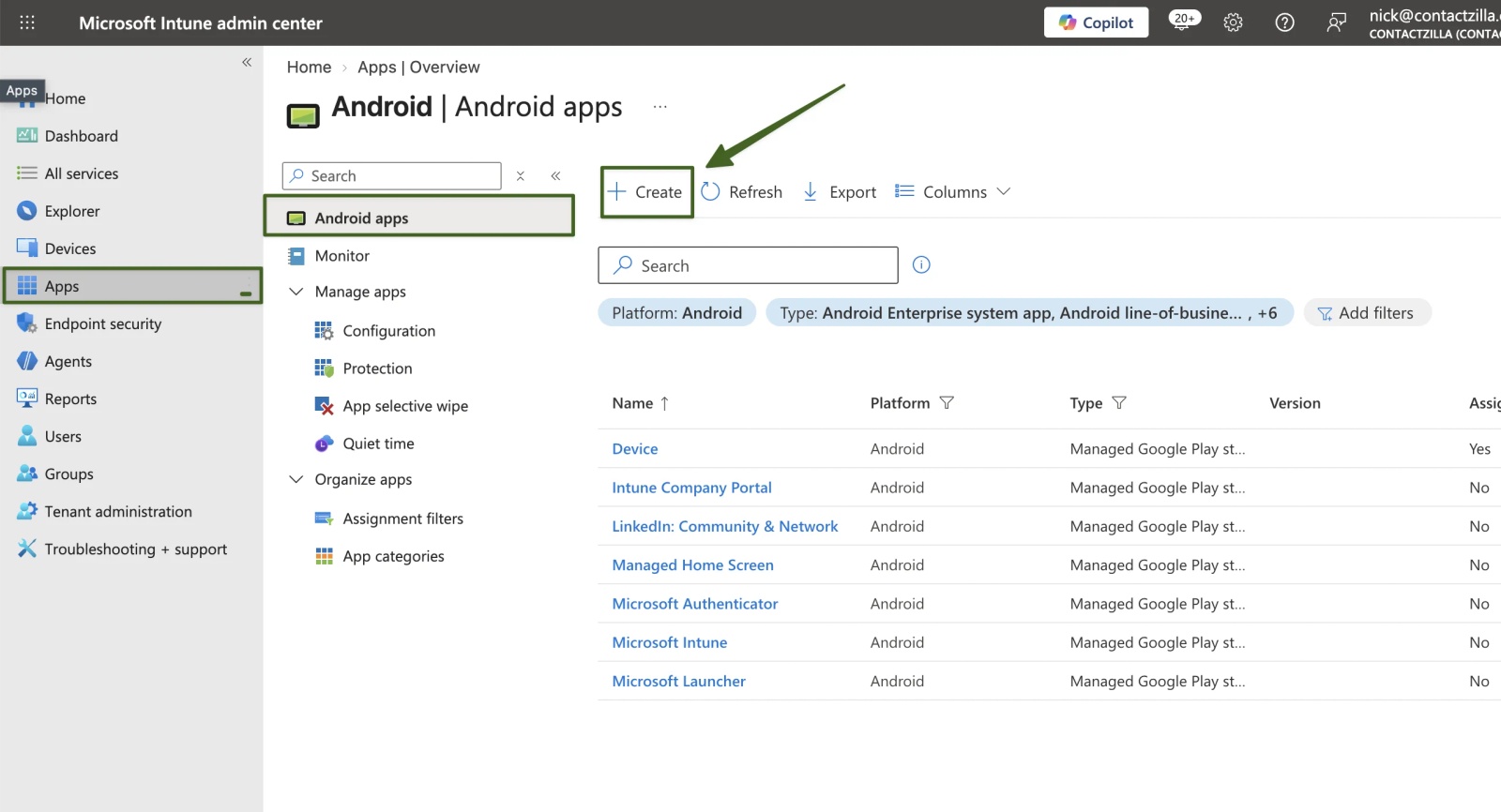 Microsoft Intune admin center Apps menu and Android apps page with the Create button highlighted