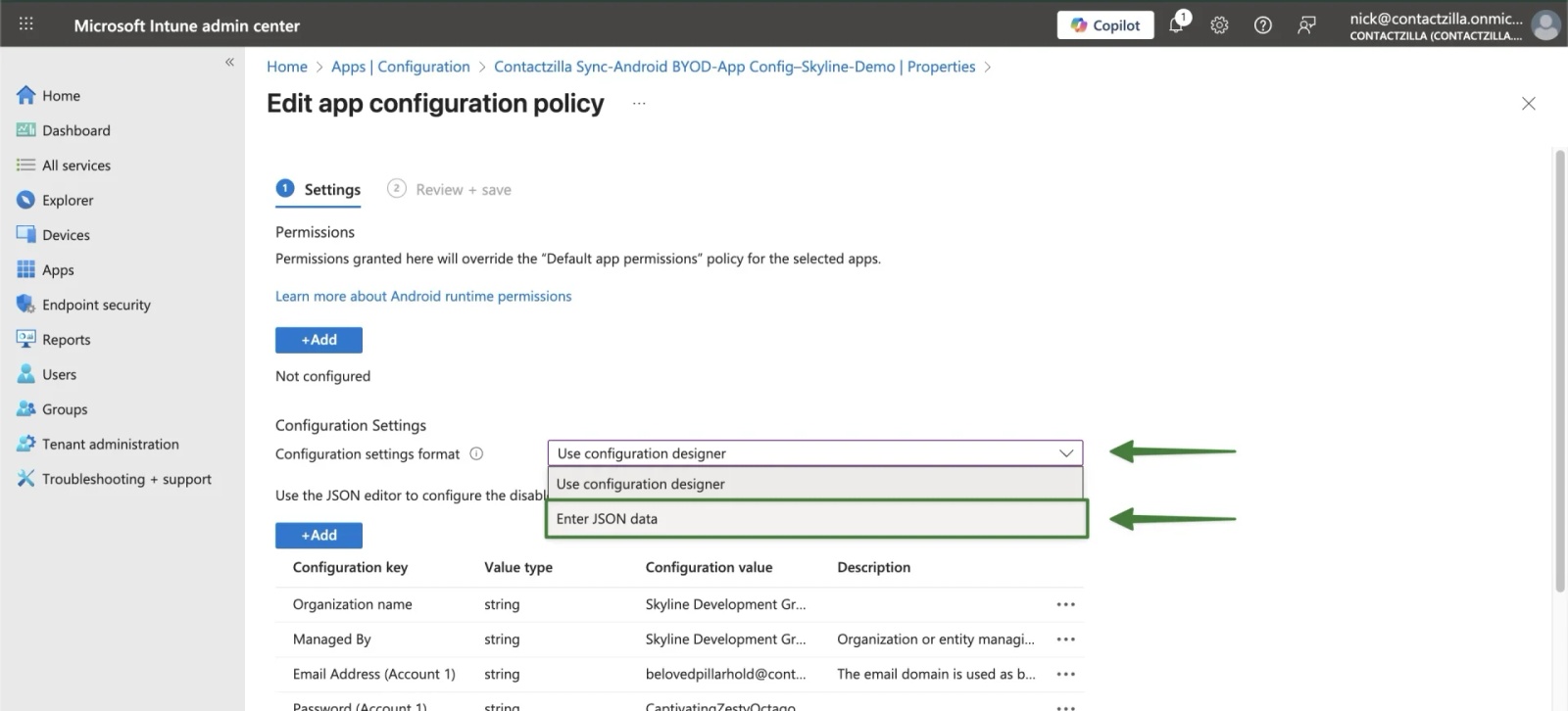 Intune Edit app configuration policy page with Configuration settings format dropdown set to ‘Enter JSON data’ for Contactzilla managed config.