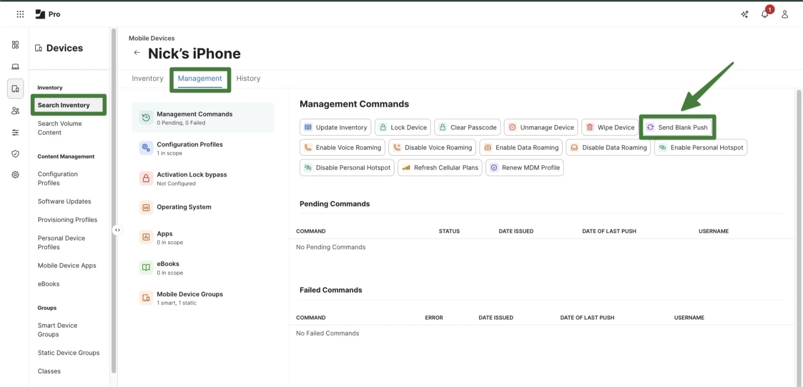 Jamf Pro device management screen highlighting the “Send Blank Push” option to trigger immediate Contactzilla profile deployment to iPhone.
