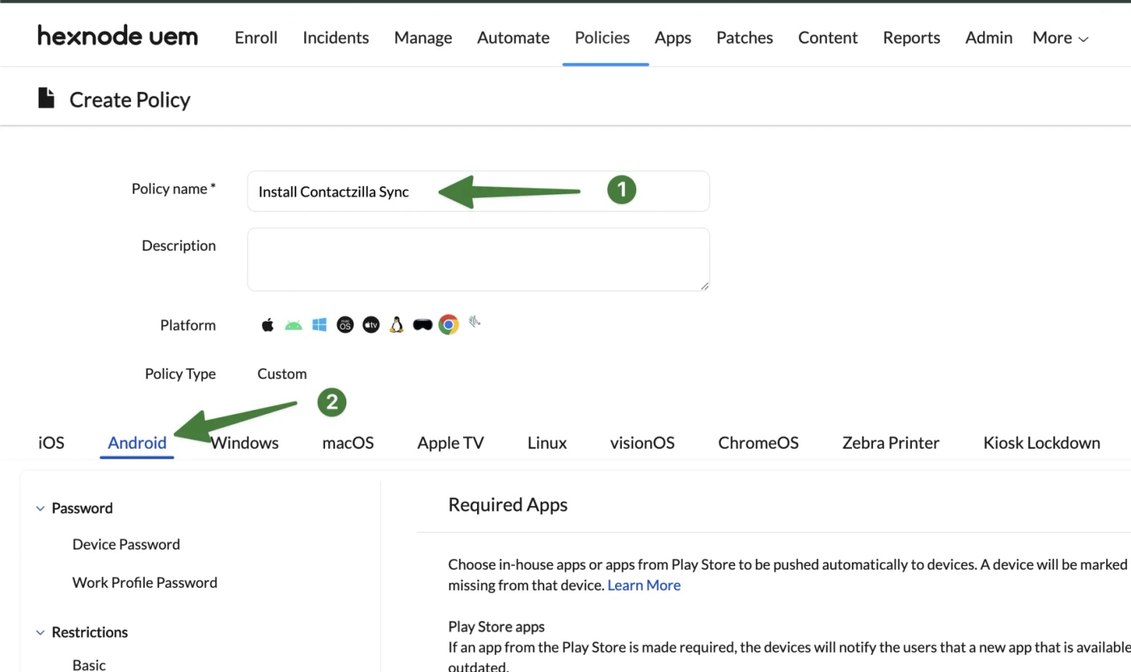 Hexnode policy creation screen showing the policy name set to Install Contactzilla Sync and the Android platform selected.