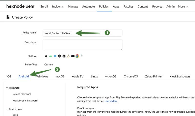 Hexnode policy creation screen showing the policy name set to Install Contactzilla Sync and the Android platform selected.