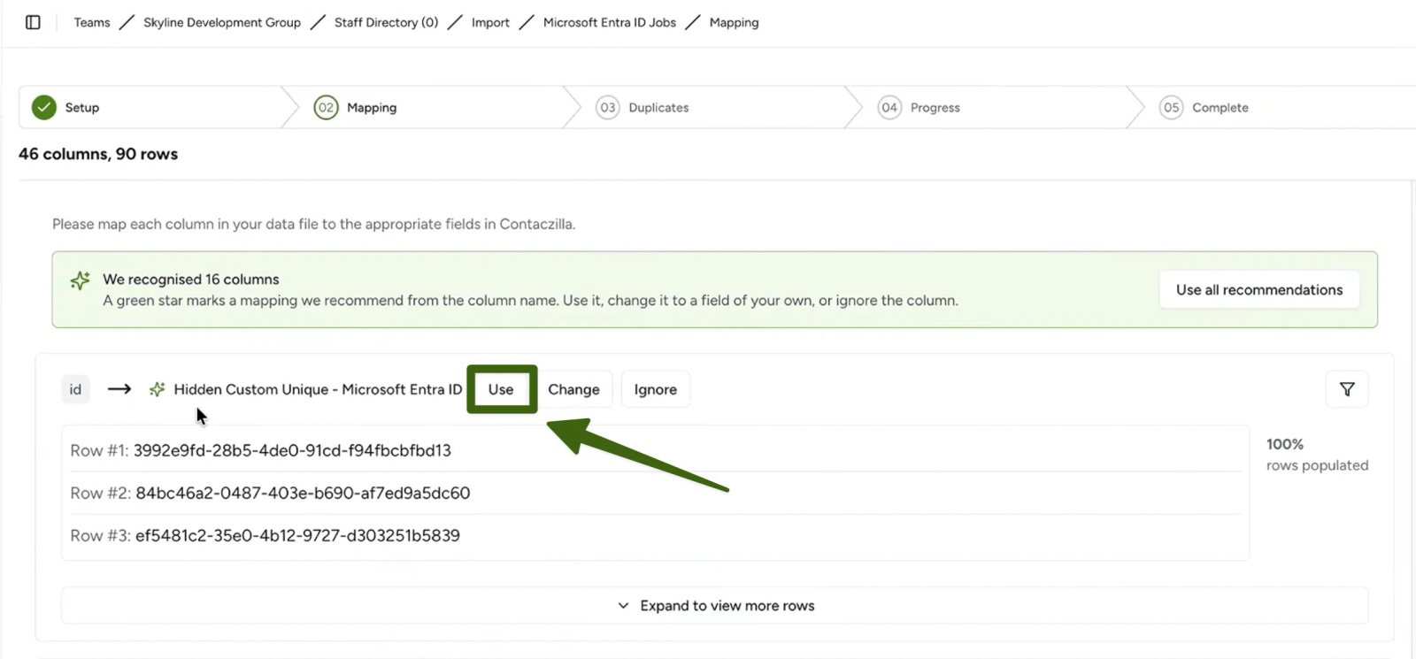 Contactzilla import mapping step with the Entra ID id column mapped to Hidden Custom Unique - Microsoft Entra ID and the Use button highlighted.
