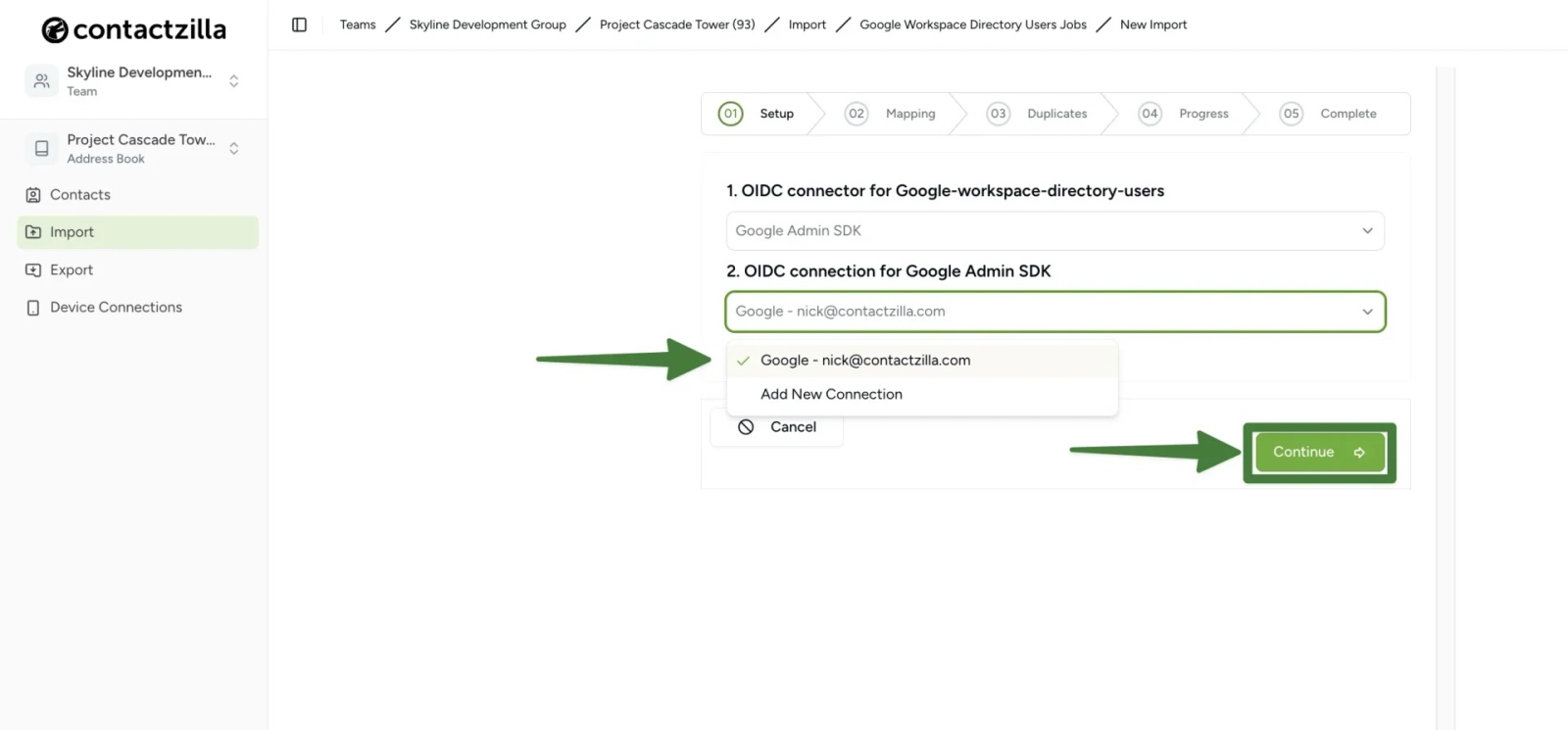Contactzilla Google Workspace import setup screen showing the selection of the OIDC connector and authenticated Google account.