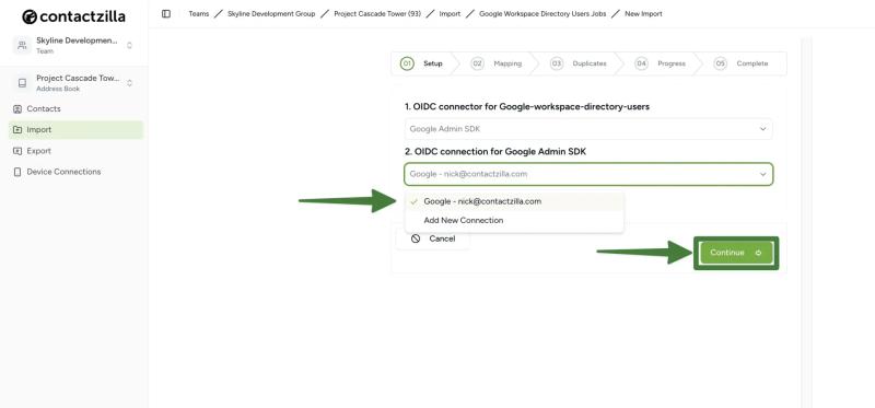 Contactzilla Google Workspace import setup screen showing the selection of the OIDC connector and authenticated Google account.