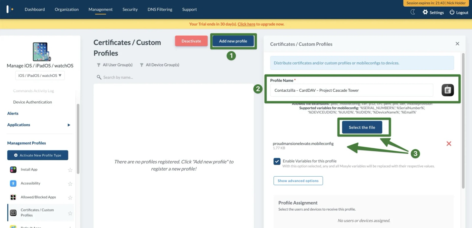 Add a new custom profile in Mosyle by uploading the Contactzilla CardDAV mobileconfig file.