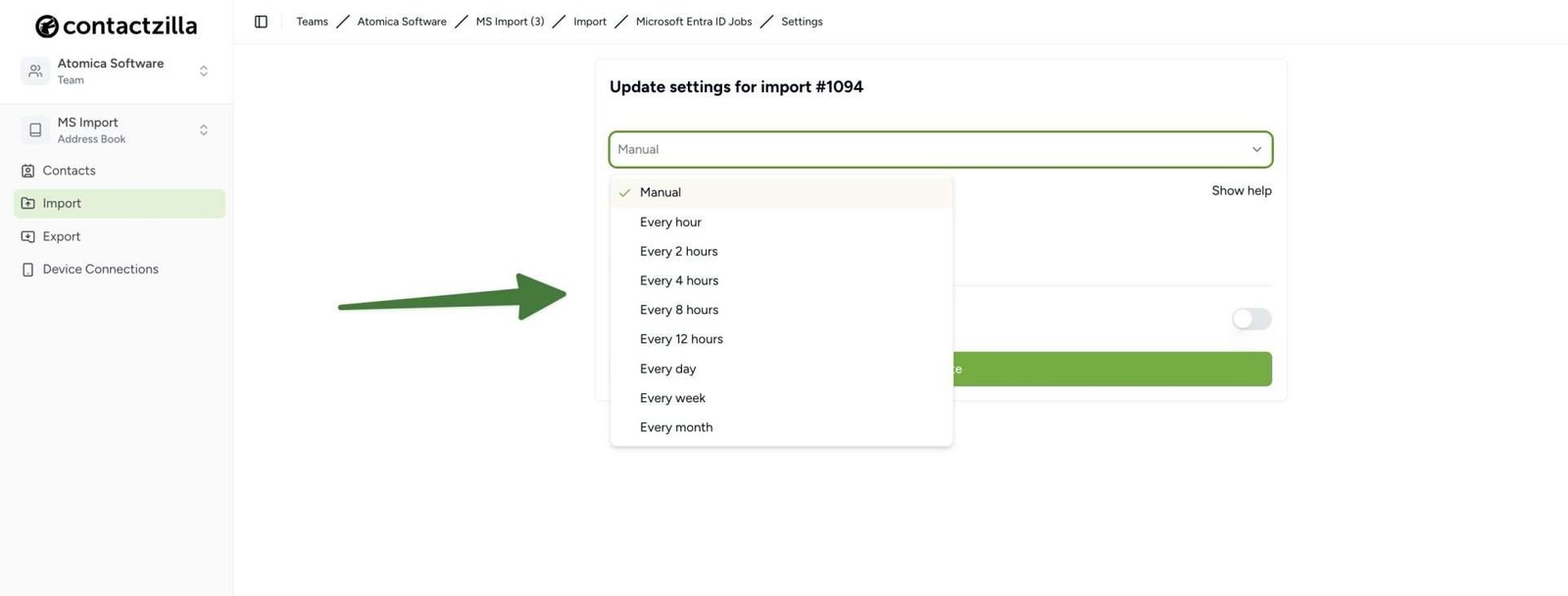 A drop down menu is showing a number of options for sync frequency which dictates how often Contactzilla will sync contact information with Microsoft Entra