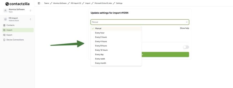 A drop down menu is showing a number of options for sync frequency which dictates how often Contactzilla will sync contact information with Microsoft Entra