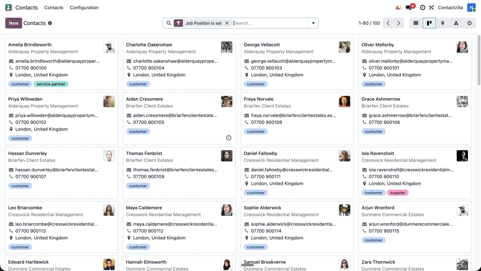 Odoo Contacts kanban view showing imported contacts with photos, company names and customer, supplier and service partner tags.