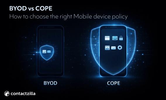 Illustration showing BYOD versus COPE mobile device policies, comparing workspace-level protection with full device control to help organizations choose the right mobile strategy.