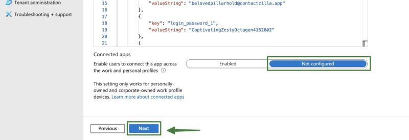 Settings screen highlighting Connected apps set to ‘Not configured’ before proceeding to Next in the Contactzilla Sync policy.
