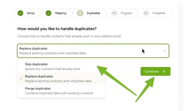 Choose how to handle duplicates in Contactzilla – skip, replace, or merge options shown.
