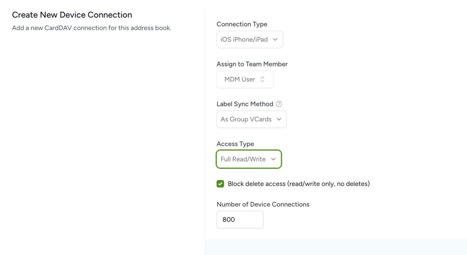 CardDAV contact sync settings showing read-write permissions with deletion protection enabled in Contactzilla