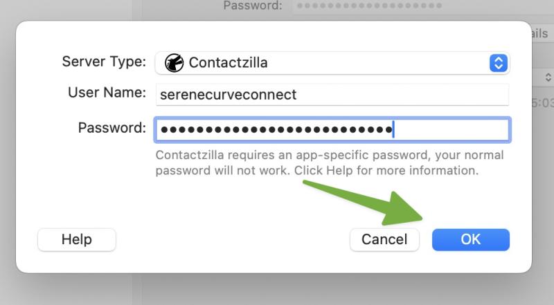 BusyContacts login dialog with the 'Server Type' set to ContactZilla. The 'User Name' field is filled with “serenecurveconnect” and a masked password is entered. A green arrow points to the ‘Cancel’ button, next to the blue ‘OK’ button. A message below the password field notes that an app-specific password is required for ContactZilla.