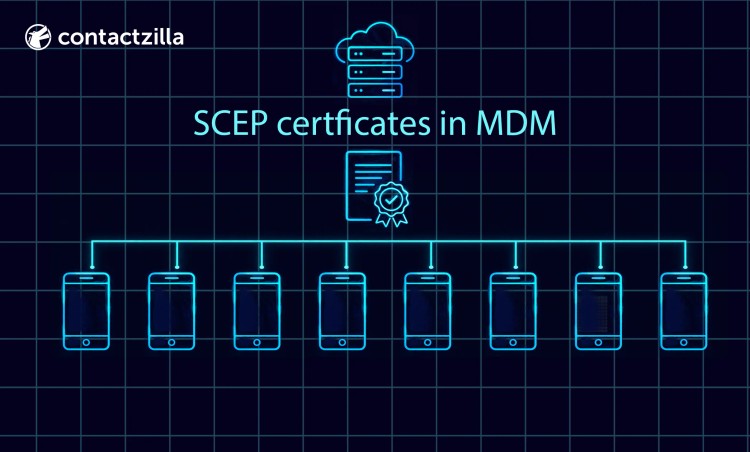 SCEP certificates in MDM diagram showing certificate distribution from cloud server to multiple mobile devices for secure authentication.