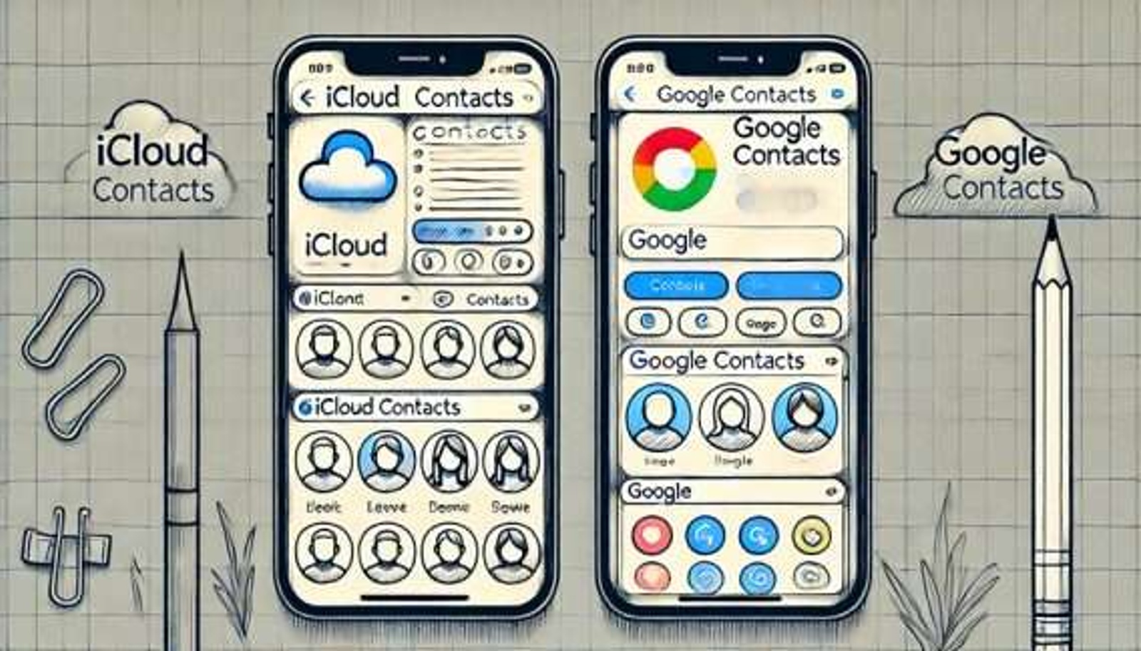 Sketch style drawing depicting iCloud and Google handsets and their respective Contact Apps with deleted contacts.