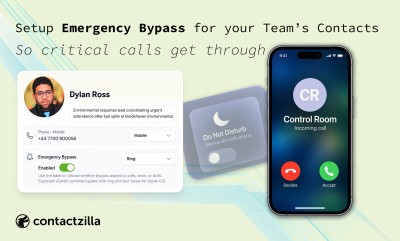 Illustration of a Contactzilla contact with Emergency Bypass enabled, showing an incoming call from Control Room ringing through despite Do Not Disturb being on.