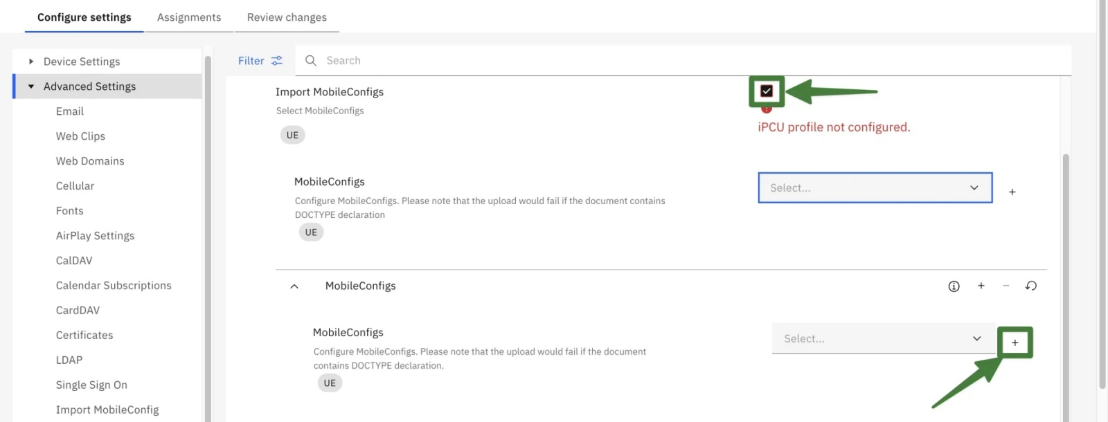 Selecting the Contactzilla CardDAV mobileconfig file from the dropdown list under Import MobileConfigs in IBM MaaS360.