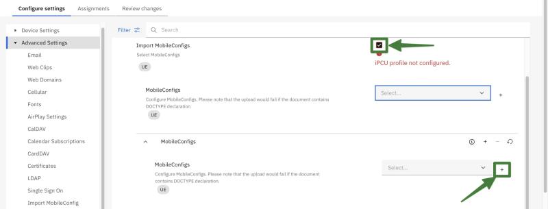 Selecting the Contactzilla CardDAV mobileconfig file from the dropdown list under Import MobileConfigs in IBM MaaS360.