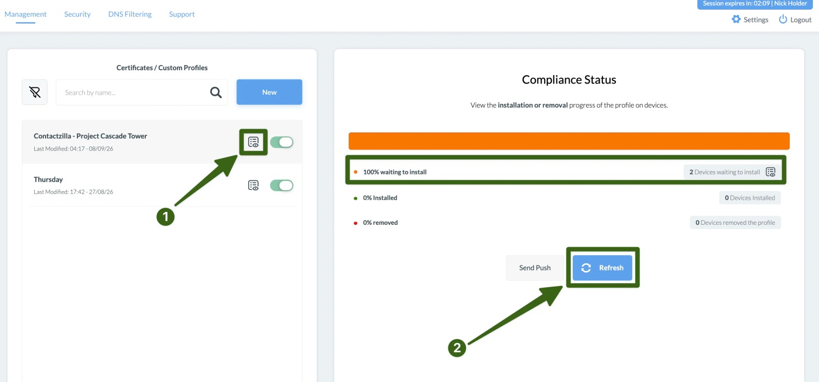 Mosyle Compliance Status showing two devices waiting to install the Contactzilla profile, with the status icon and Refresh button highlighted.