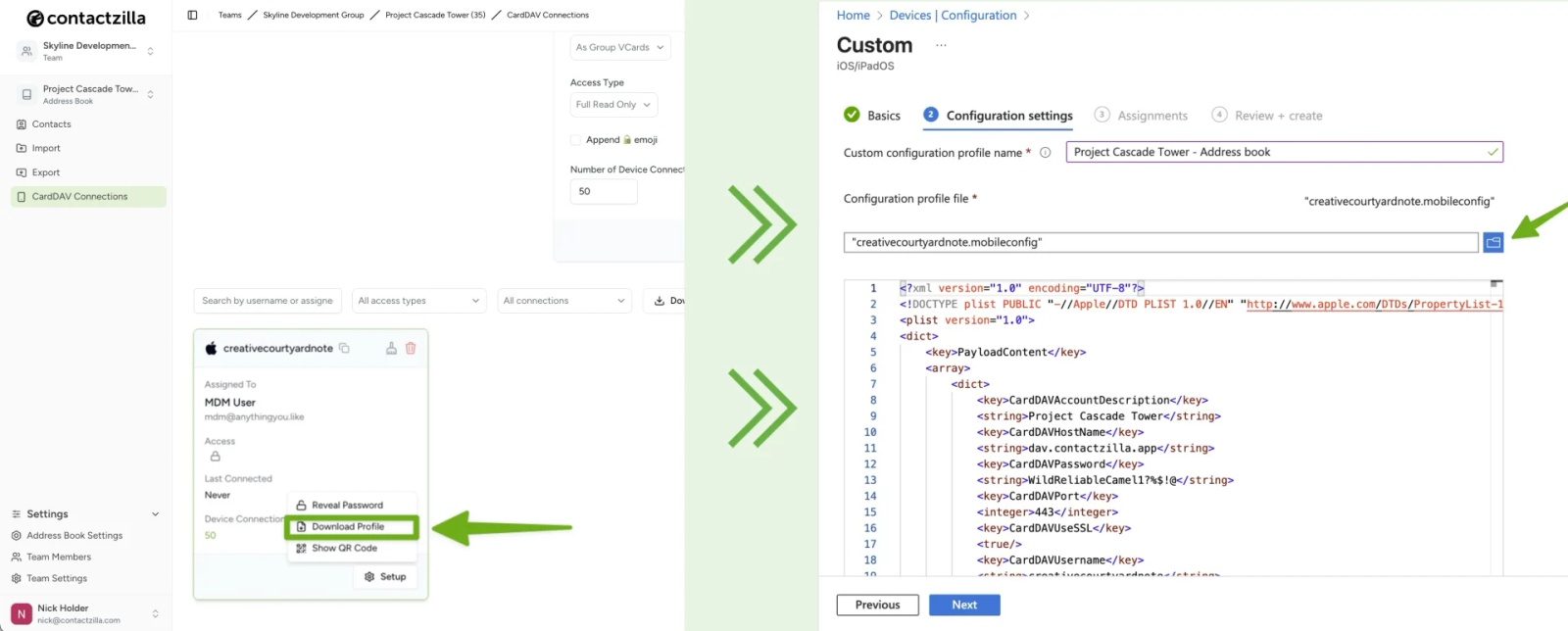 Exporting a Contactzilla CardDAV configuration profile and uploading the .mobileconfig file into Microsoft Intune for iOS contact deployment.