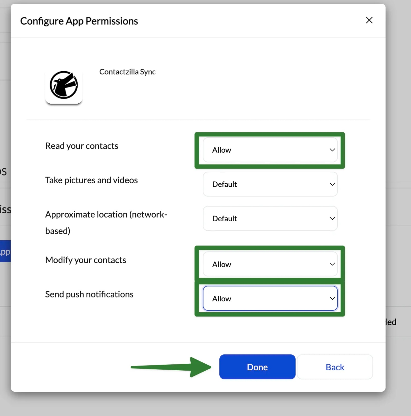 Configure App Permissions screen for Contactzilla Sync showing Read your contacts, Modify your contacts, and Send push notifications set to Allow, with the Done button highlighted.