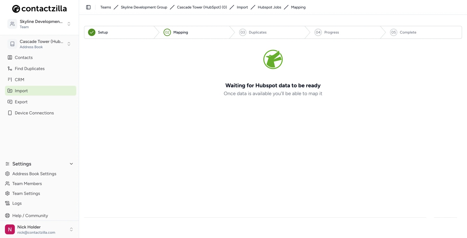 Contactzilla Waiting for Hubspot data to be ready screen shown after the HubSpot connection is saved